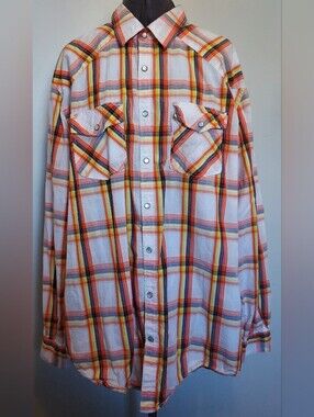 Old Navy Mother-of-Pearl Snap Shirt Men’s 2XL Orange White Plaid Long Sleeves